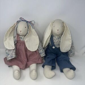 Vintage Primitive Bunny Dolls Pair 20" Handmade Muslin Plush Country Cottagecore
